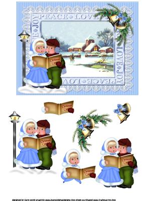 Peace Love Joy Vintage Christmas Scene + Carol Singers Blue