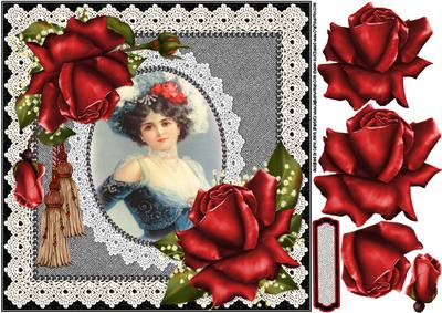 8x8 Cameo Vintage Lady with Red Roses