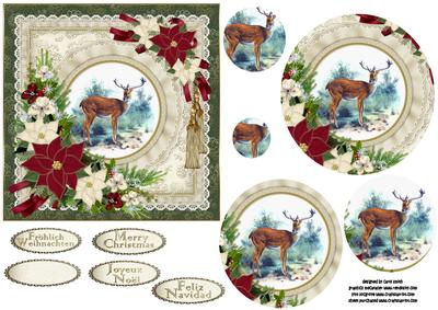 Vintage Christmas Deer with Poinsettia Pyramid