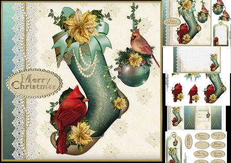 8x8 Vintage Christmas Stocking with Cardinals Mini Kit
