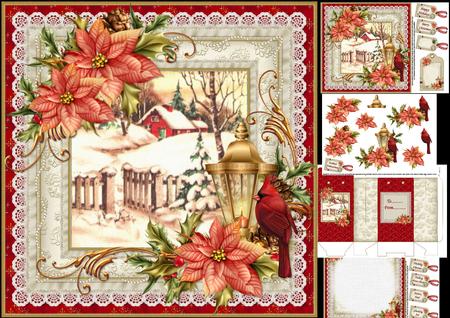 8x8 Snowy Red Cottage with Red Cardinals