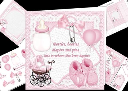8x8 Bottles Booties and Pins New Baby Girl Mini Kit