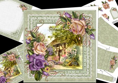 8x8 Vintage Roses with Cottage Scene Mini Kit
