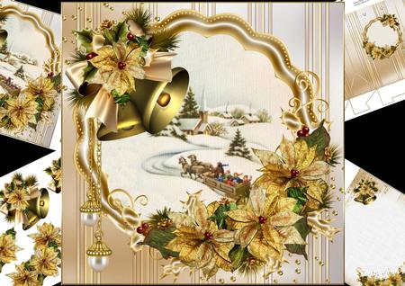 8x8 Vintage Christmas Scene with Golden Poinsettia