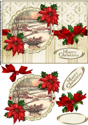 Christmas Vintage Scene with Poinsettias Quick Card
