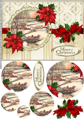 Christmas Vintage Scene with Poinsettia Pyramid