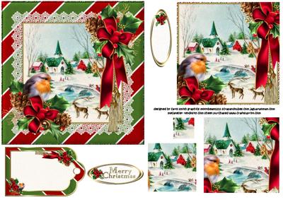 Vintage Christmas Scene with Red Robin Pyramid