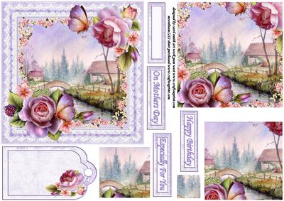 Bridge Over the River Watercolour Scene with Roses Pyramid
