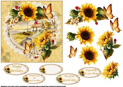 Beautiful Sunflowers with Seaside Cottage Scene