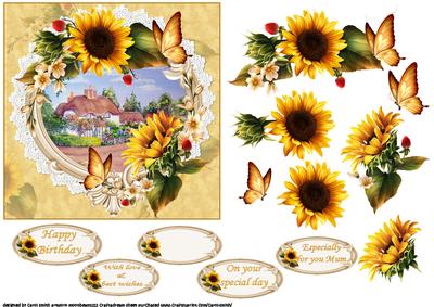 Beautiful Sunflowers with Thatched Cottage Scene