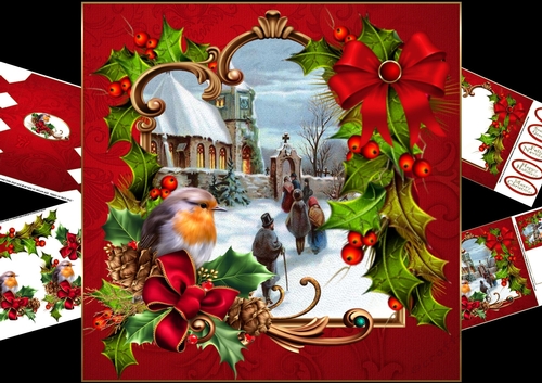 8x8 beautiful Christmas Robin with vintage scene mini kit