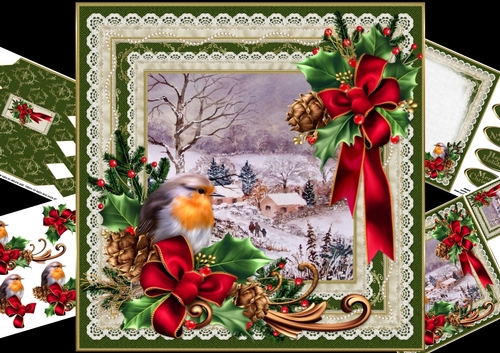 8x8 Christmas robin with snowy cottages scene mini kit