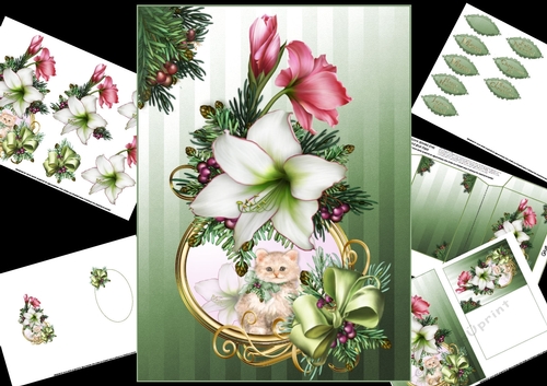 Vintage holiday flowers with cute little kitty mini kit