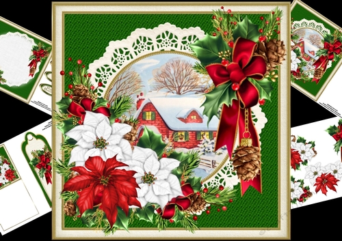 8x8 Snowy cottage scene with poinsettias mini kit