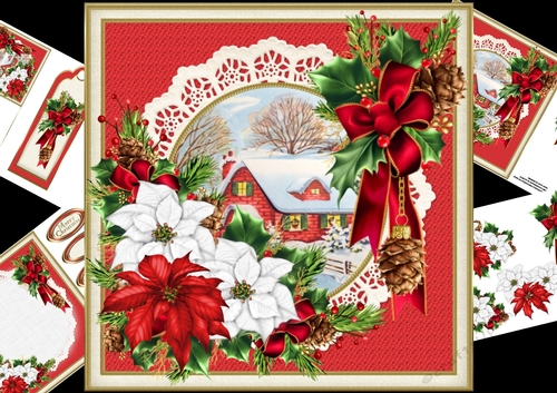 8x8 Snowy cottage scene with poinsettias 2 mini kit