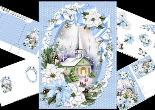 Blue Christmas vintage church scene with poinsettia mini kit