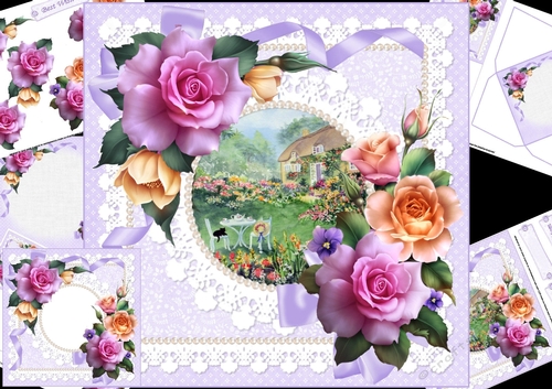 8x8 thatched cottage with roses in lace frame mini kit
