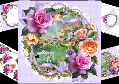 8x8 thatched cottage with roses in ribbon frame mini kit