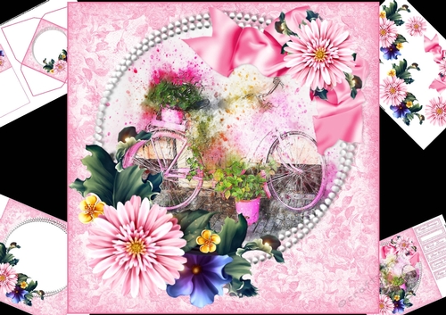 8x8 pink bycycle abtract art with flowers mini kit