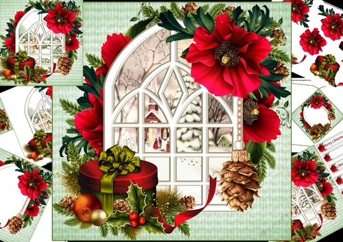 8x8 Vintage Christmas through the window choice of 2 scenes mini kit
