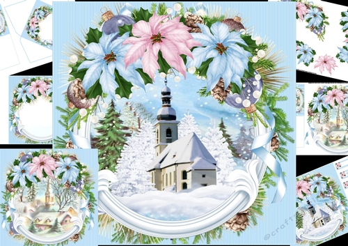 8x8 Christmas church scene with poinsettia 2 mini kit