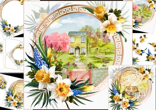 8x8 Country cottage with dancing daffodils choice of 2 scenes mini kit