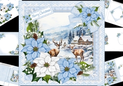 8x8 Blue Christmas snowy house with deer scene mini kit