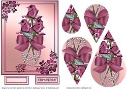 Three Dark Red Roses and Pearls Teardrop Pyramid