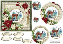 Vintage Christmas Deer with Poinsettia Pyramid