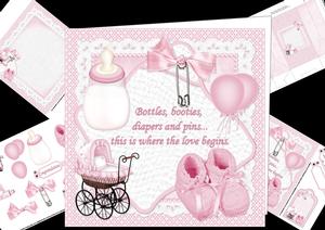 8x8 Bottles Booties and Pins New Baby Girl Mini Kit