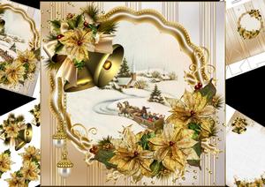 8x8 Vintage Christmas Scene with Golden Poinsettia