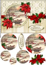 Christmas Vintage Scene with Poinsettia Pyramid