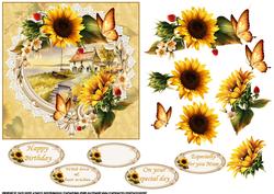 Beautiful Sunflowers with Seaside Cottage Scene