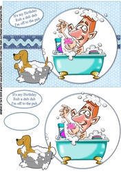 A man and his dog rub a dub dub quick card