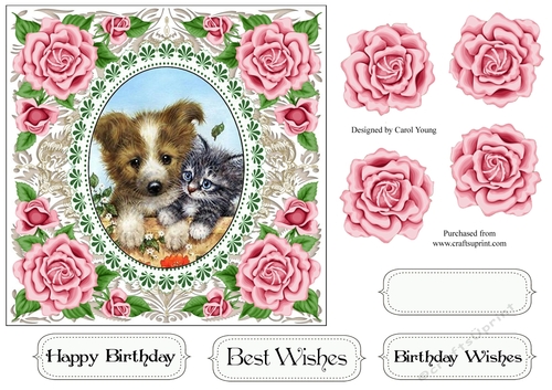Pretty Rose Frame Puppy and Kitten
