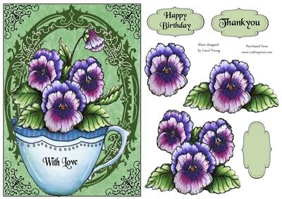 Cup of Pansies Birthday Card