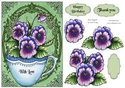 Cup of Pansies Birthday Card