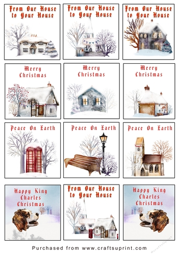 Christmas Tags/Labels Houses with King Charles Spaniel