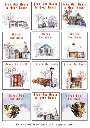Christmas Tags/Labels Houses with Pugs