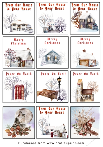 Christmas Tags/Labels Houses with Fox and Wolf
