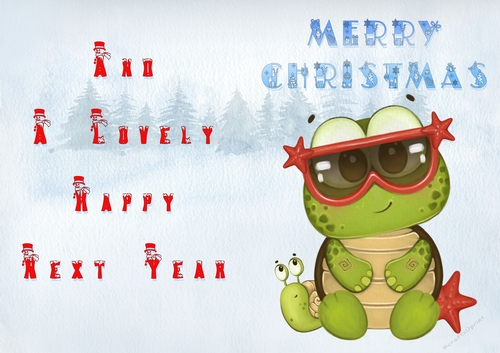 No Cut Just Print Christmas Cards - Childrens Cute  Turtle