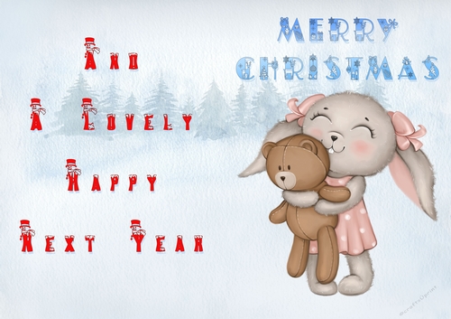 No Cut Just Print Christmas Cards - Childrens Cute  Bunny Pink