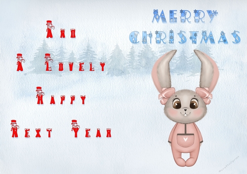 No Cut Just Print Christmas Cards - Childrens Cute  Bunny Pink