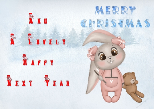 No Cut Just Print Christmas Cards - Childrens Cute  Bunny Pink