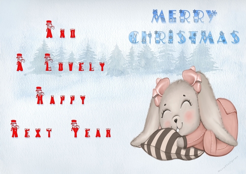 No Cut Just Print Christmas Cards - Childrens Cute  Bunny Pink