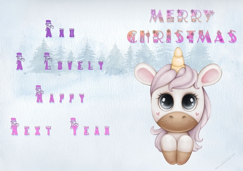 No Cut Just Print Christmas Cards - Childrens Cute Unicorn