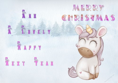 No Cut Just Print Christmas Cards - Childrens Cute Unicorn