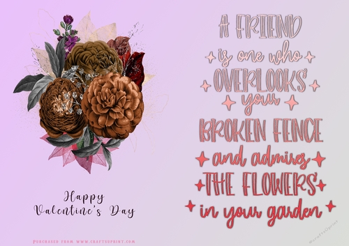 No Cut Just Print Valentines Day Card - A Friend Over the Fence - Flowers