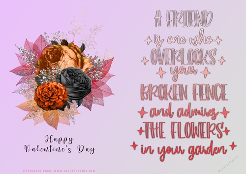 No Cut Just Print Valentines Day Card - A Friend Over the Fence - Flowers