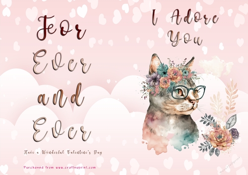 No Cut Just Print Valentines Day Card - I Adore You - Cat